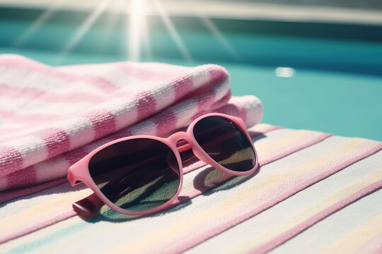 Pink Striped Beach Towel and Sunglasses by the Pool on a Sunny Day, Generative AI