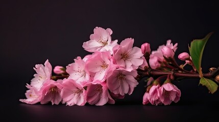 Pink spring cherry blossom flowers on a tree branch isolated against a flat background
