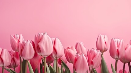 Fototapeta premium Tulip border with copy space. Beautiful frame composition of spring flowers. Bouquet of pink tulips flowers on pink background, pastel colors