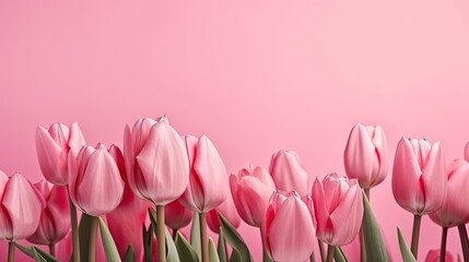 Tulip border with copy space. Beautiful frame composition of spring flowers. Bouquet of pink tulips flowers on pink background, pastel colors