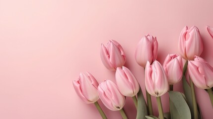 Naklejka premium Tulip border with copy space. Beautiful frame composition of spring flowers. Bouquet of pink tulips flowers on pink background, pastel colors
