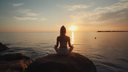Young woman practicing yoga near the sea in summer. Harmony and meditation concept. Healthy lifestyle, enjoying life, summer fun, self care, mindfulness concept