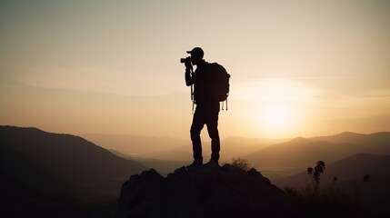 Fototapeta premium silhouette of Young man photographer taking photographs with digital camera in a mountains, Travel and active lifestyle concept