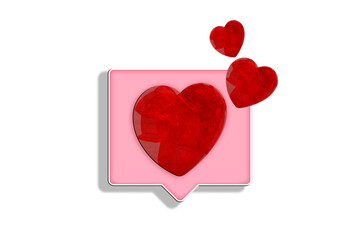 Heart Like Notification, social media notification icon, red glossy volume heart, internet button with shadow on white background, 3d illustration, conditional expression approval material, user