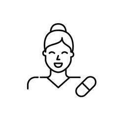 Woman pharmacist. Girl in a uniform with capsule pill symbol. Pixel perfect, editable stroke icon