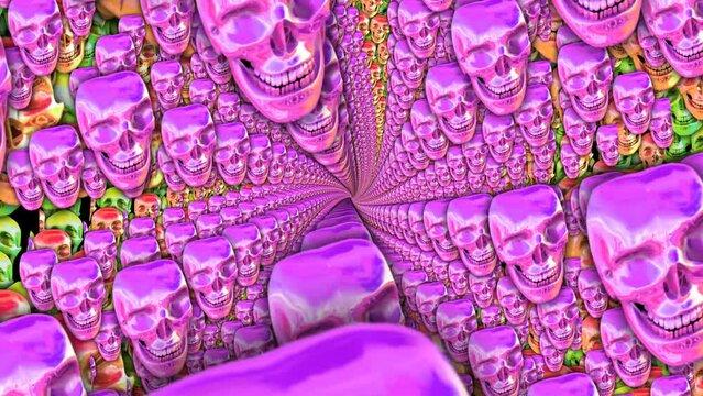 Retro Futuristic seamless animation of metal skulls. Synthwave background pink pattern swirl a psychedelic look