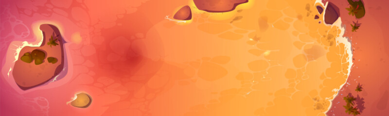 Sunset sand beach top view vector background. Island in sea water summer cartoon travel illustration. Orange ocean shore tropical landscape journey banner template. Hawaii resort coastline leaflet.