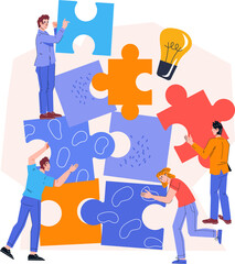 Business team efficient work on innovative idea and collaboration metaphor. Collaborative project and brainstorming.