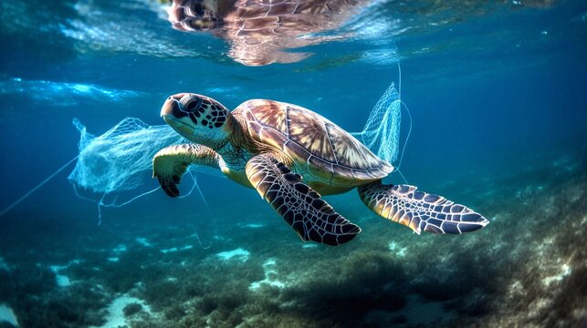 Turtle swims near a fishing net. Plastic pollution in ocean. The concept of environmental protection.  Generative AI