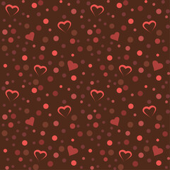 Vector seamless pattern with polka dots and hearts, textile print, packaging, wallpaper.