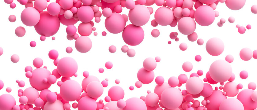 Abstract background with pink matte soft chaotic balls in different sizes. Pink random flying spheres on transparent background. PNG file