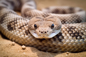 Obraz premium Close-up of a Coiled Rattlesnake Looking into the Camera, Generative AI