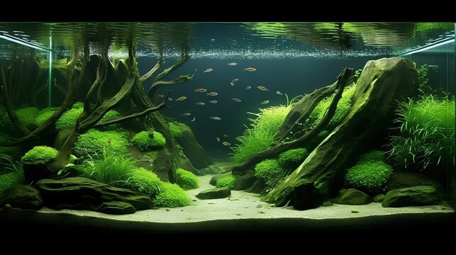 A captivating nature aquarium illustration with underwater plants, driftwood, rocks, and fish, showcasing a harmonious aquascape design. Generative AI