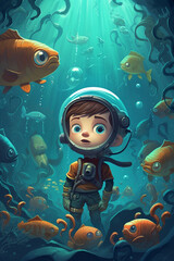 Fototapeta na wymiar Beneath the Waves: A Little Boy's Adventure in a Magical Underwater World