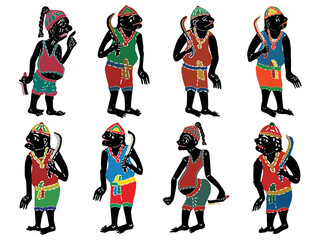 Set of Shadow Puppet vector illustrations in colorful clothes