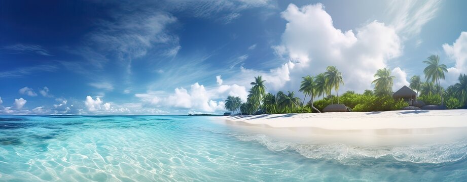 tropical paradise beach with white sand and coco palms travel tourism wide panorama background concept. Generative Ai.