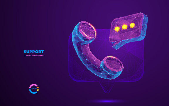 Abstract polygonal call center icon. Digital handset and bubble talk in technology blue purple polygons. Talking with service call support hotline concept. 3d low poly wireframe vector illustration.