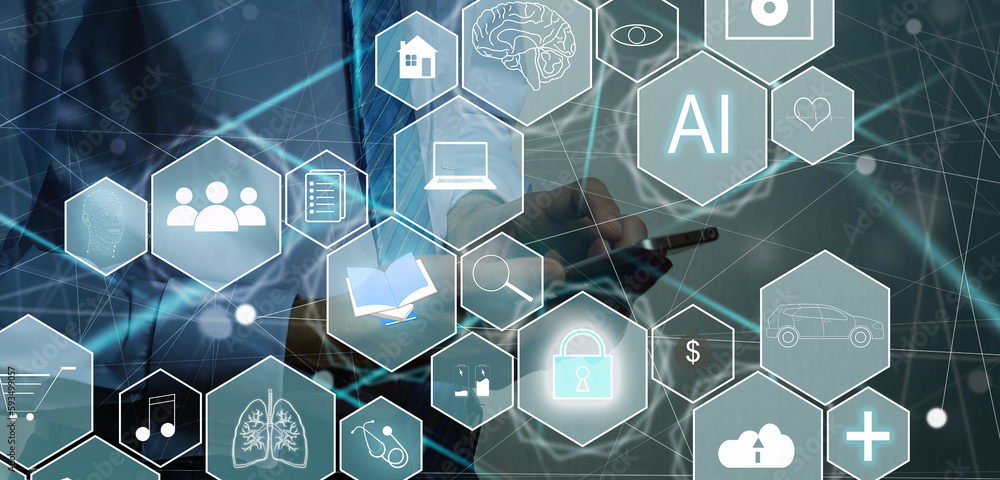 Poster ai tech, businessman show virtual graphic global internet connect chatgpt chat with ai, artificial i