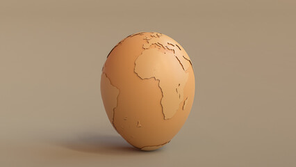 Earth globe that looks like an EGG on brown background. Concept of world is fragile like an eggshell. 3D Render.