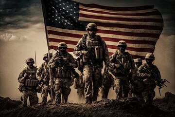USA army holding their flag, American soldiers, and an American flag. Generative AI.