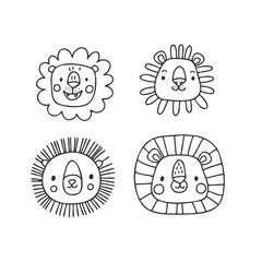 Lion heads set. Funny vector character drawing. 