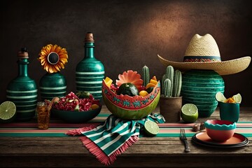 Cinco de Mayo holiday background with a Mexican cactus and party sombrero hat on a wooden table. Generative AI.