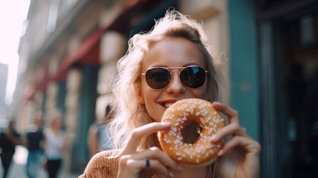 Young urban woman smiling happy showing a big donut on the city street. Portraits, lifestyle. Illustration, Generative AI
