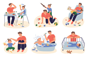Father taking care of toddler daughter, hand drawn set of compositions with dad and child, paternity leave, children day routine scene collections, vector illustrations of bathing, feeding, sleeping