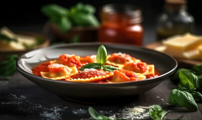 Ravioli stuffed with tomato sauce, basil and Parmesan cheese, prepared at home on the wooden table. Illustration. Generative AI