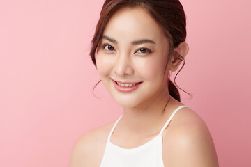 Beautiful young asian woman with clean fresh skin on pink background, Face care, Facial treatment, Cosmetology, beauty and spa, Asian women portrait.