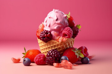 Tasty cone ice cream with berries and mint, super photo realistic background. Generative ai 3d illustration