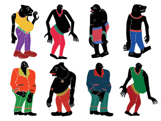 Vector set of Shadow Puppet Monster silhouettes in different clothes.