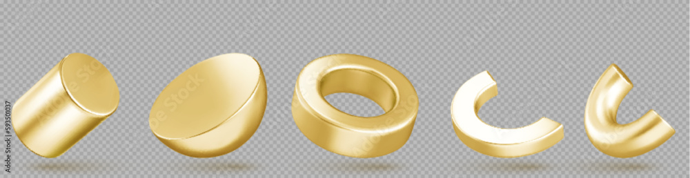 Poster isolated abstract geometric gold 3d shape vector object. realistic golden cylinder and ring element 