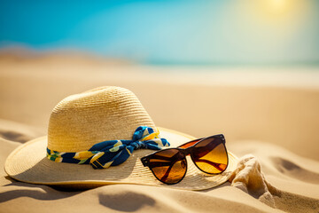 Straw hat, sunglasses, and bandana on the sand of beach. Generative AI.