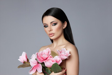 Fototapeta premium Portrait ideal woman cosmetic procedures, facial skin care, anti-aging effect. Professional makeup, natural cosmetics