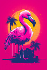 Pink flamingo standing in front of palm tree and sunset. Generative AI.