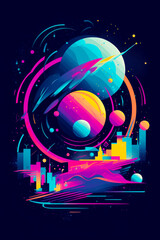 Colorful poster with image of planet in the middle of it. Generative AI.