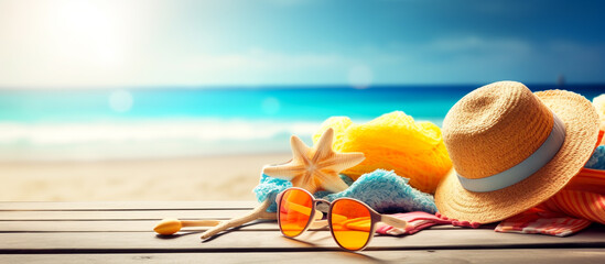 Straw hat, bag and sun glasses on a tropical beach. 