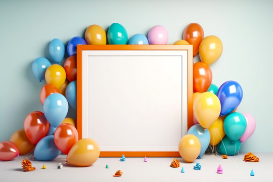 Picture frame surrounded by balloons and confetti on white background. Generative AI.