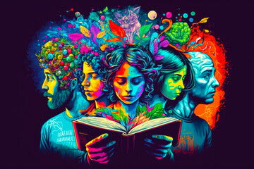 Group of people reading book in front of multicolored background. Generative AI.