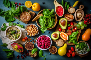 Variety of fruits and vegetables are arranged on blue surface, including avocados, spinach, raspberries, lemons, spinach, spinach, and more. Generative AI.