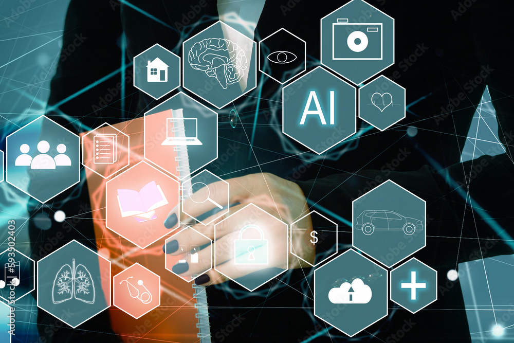 Poster ai tech, businessman show virtual graphic global internet connect chatgpt chat with ai, artificial i