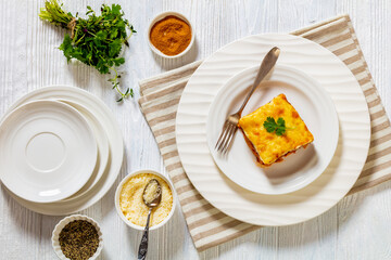 Greek Pastitsio on white plate, top view