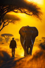 Fototapeta na wymiar Man is walking with elephant on path in the desert at sunset. Generative AI.