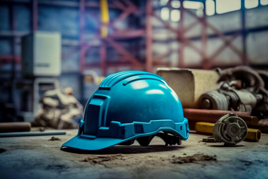 Blue hard hat sitting on top of hard floor next to other construction equipment. Generative AI.