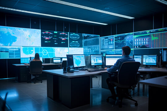 Man Sitting At Desk In Front Of Computer Monitor With Multiple Monitors On It. Generative AI.