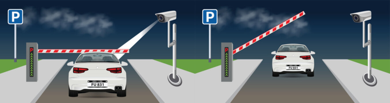 Automatic Rising Up Barrier, automatic system gate for security. Automated License Plate Recognition Parking Lot. A car arrives at the entrance and exit terminal. Vector.