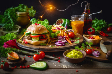 Naklejka na ściany i meble Hamburger with lettuce, tomato, onion, cheese and pickles. Generative AI.
