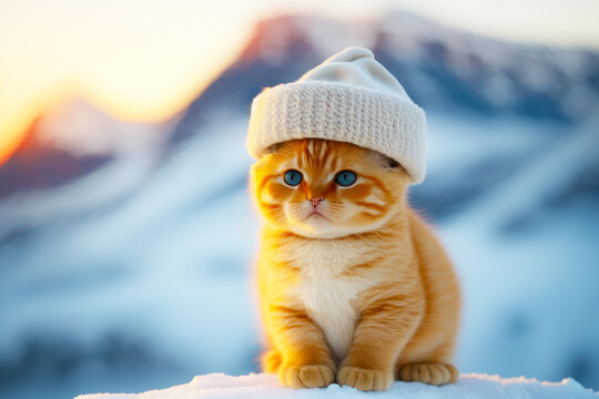 Small orange and white cat wearing white hat on top of snow. Generative AI.