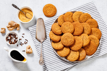 sweet soft ginger cookies on plate, top view - obrazy, fototapety, plakaty